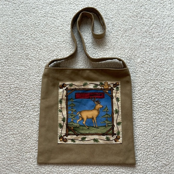 Vintage Handbags - Vintage 90s Suede Nature/Camping Graphic Tote Bag